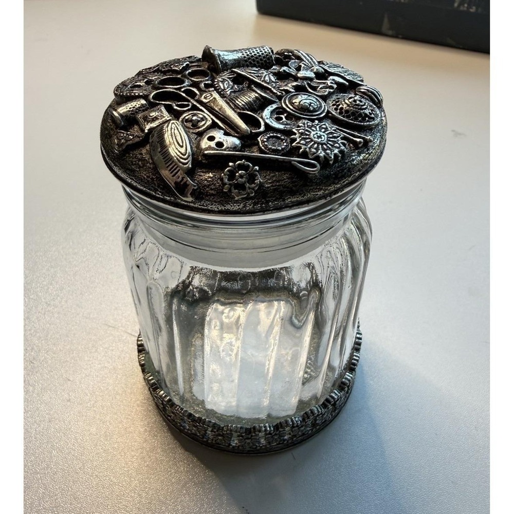 1928 Ridged Glass Button Jar Pewter Base And Lid With Buttons Sewing Notions